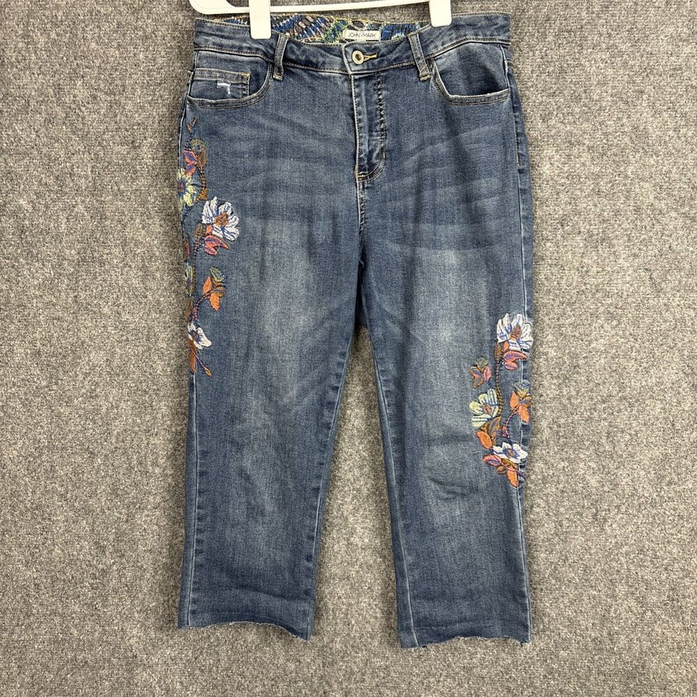 John Mark Jeans Womens Size 8 Blue Floral Boho Cut Hem Crop Cottage